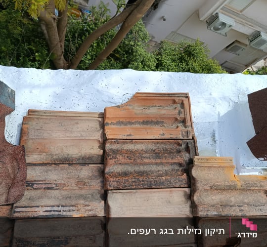 רעפים על גג עם ציפוי לבן ועצים ברקע
